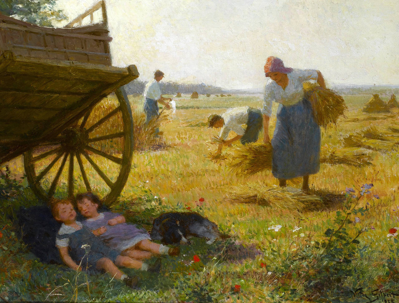 French landscape painting with children, figures & field Scene 'The Harvest'  - Painting by Victor Gabriel Gilbert