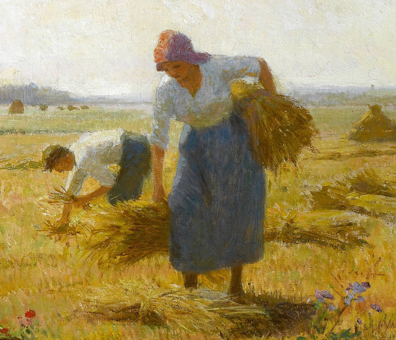 Peinture de paysage française avec enfants, personnages et scène de champ « La moisson »  - Impressionnisme Painting par Victor Gabriel Gilbert