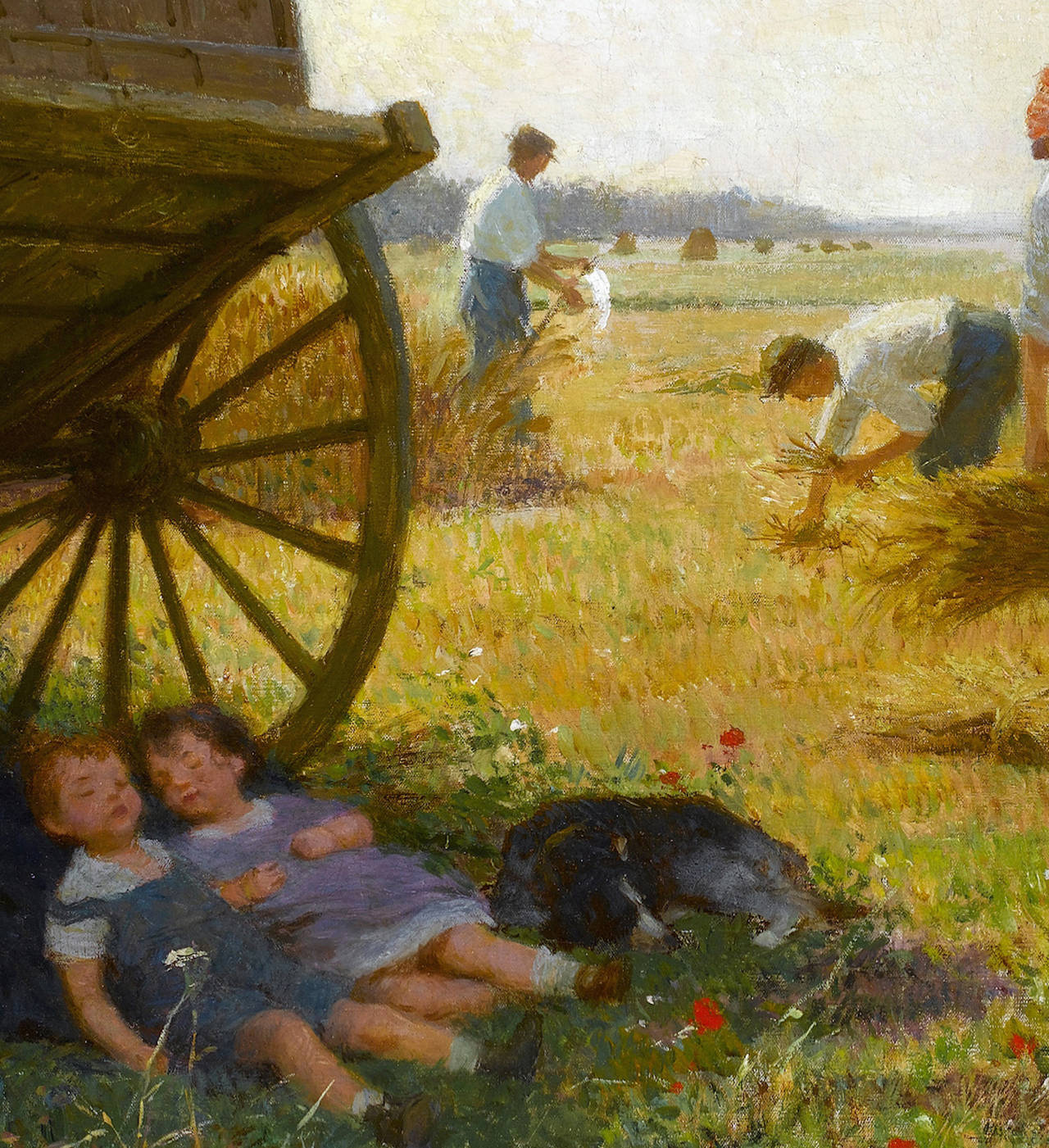 Peinture de paysage française avec enfants, personnages et scène de champ « La moisson »  - Marron Figurative Painting par Victor Gabriel Gilbert
