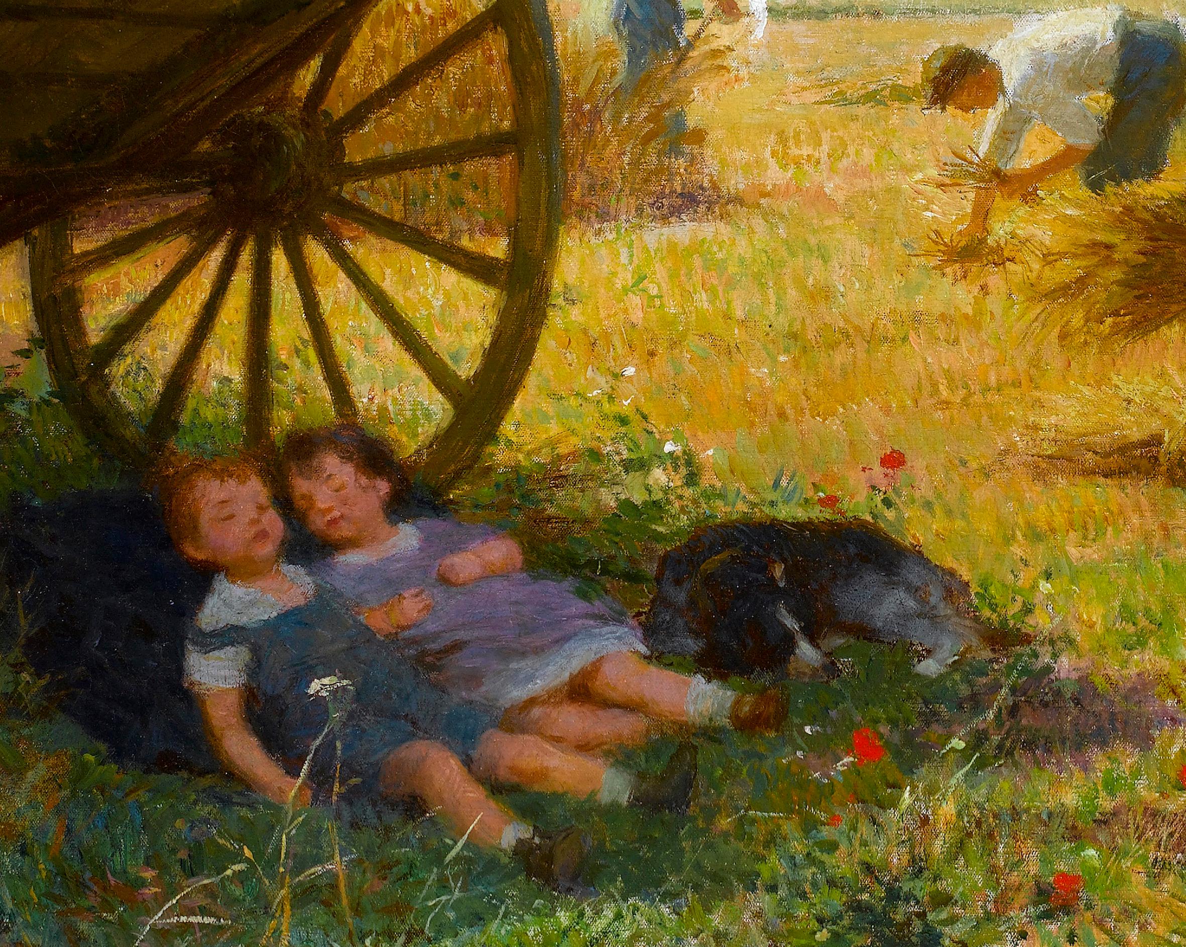 French landscape painting with children, figures & field Scene 'The Harvest'  - Impressionist Painting by Victor Gabriel Gilbert