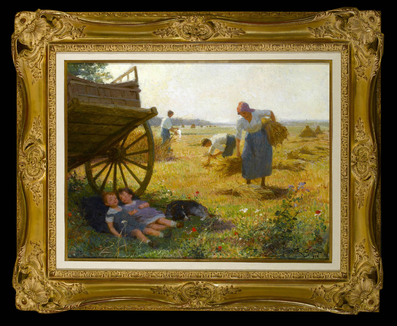 Victor Gabriel Gilbert Figurative Painting - French landscape painting with children, figures & field Scene 'The Harvest' 
