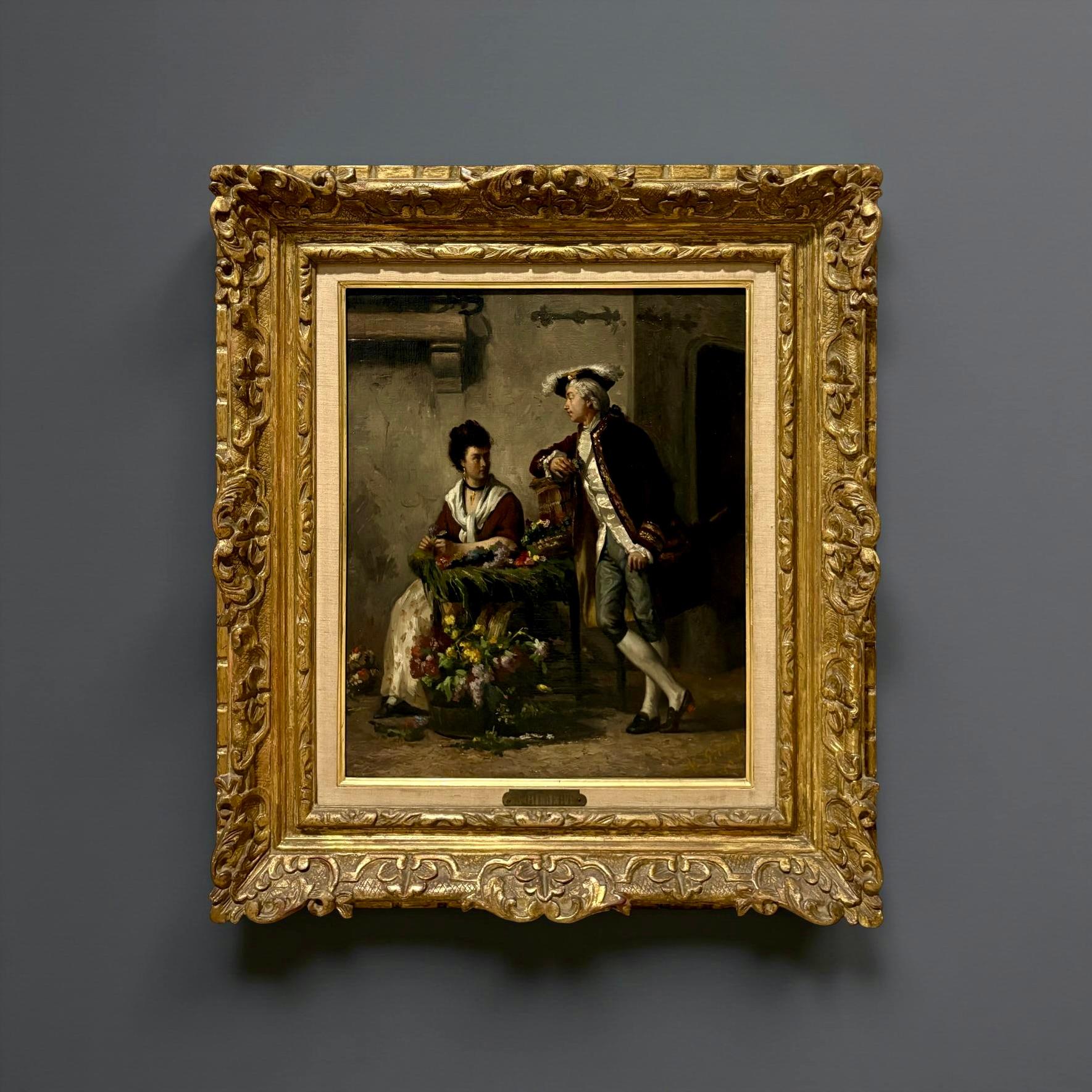 Victor Gabriel Gilbert Figurative Painting - "Il corteggiamento" Olio su tela Firmato e Datato 1872 Scuola Francese del XIX