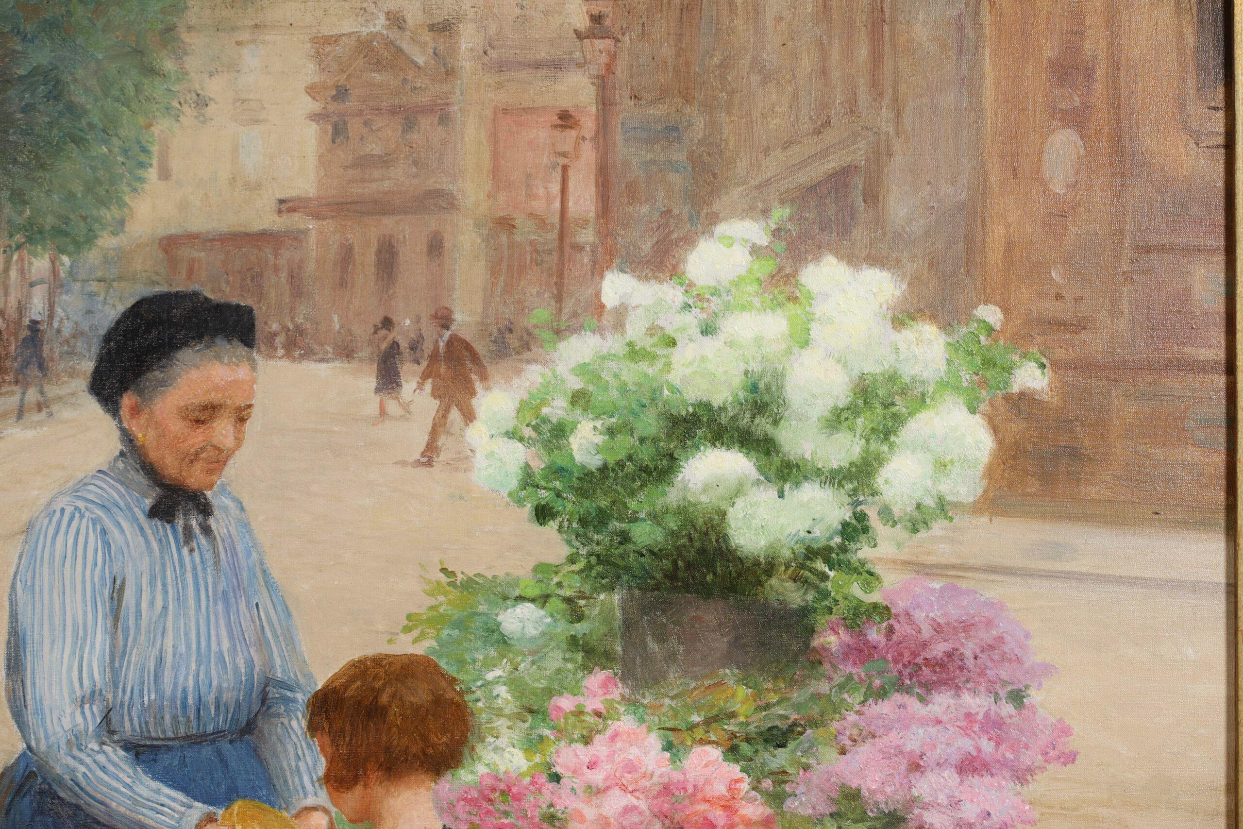 Signed figurative oil on original canvas by French realist painter Victor Gabriel Gilbert. The work shows a flower seller filling a young girl's basket with cherries while a little boy cheekily steals one from her cart. The busy Parisian street can