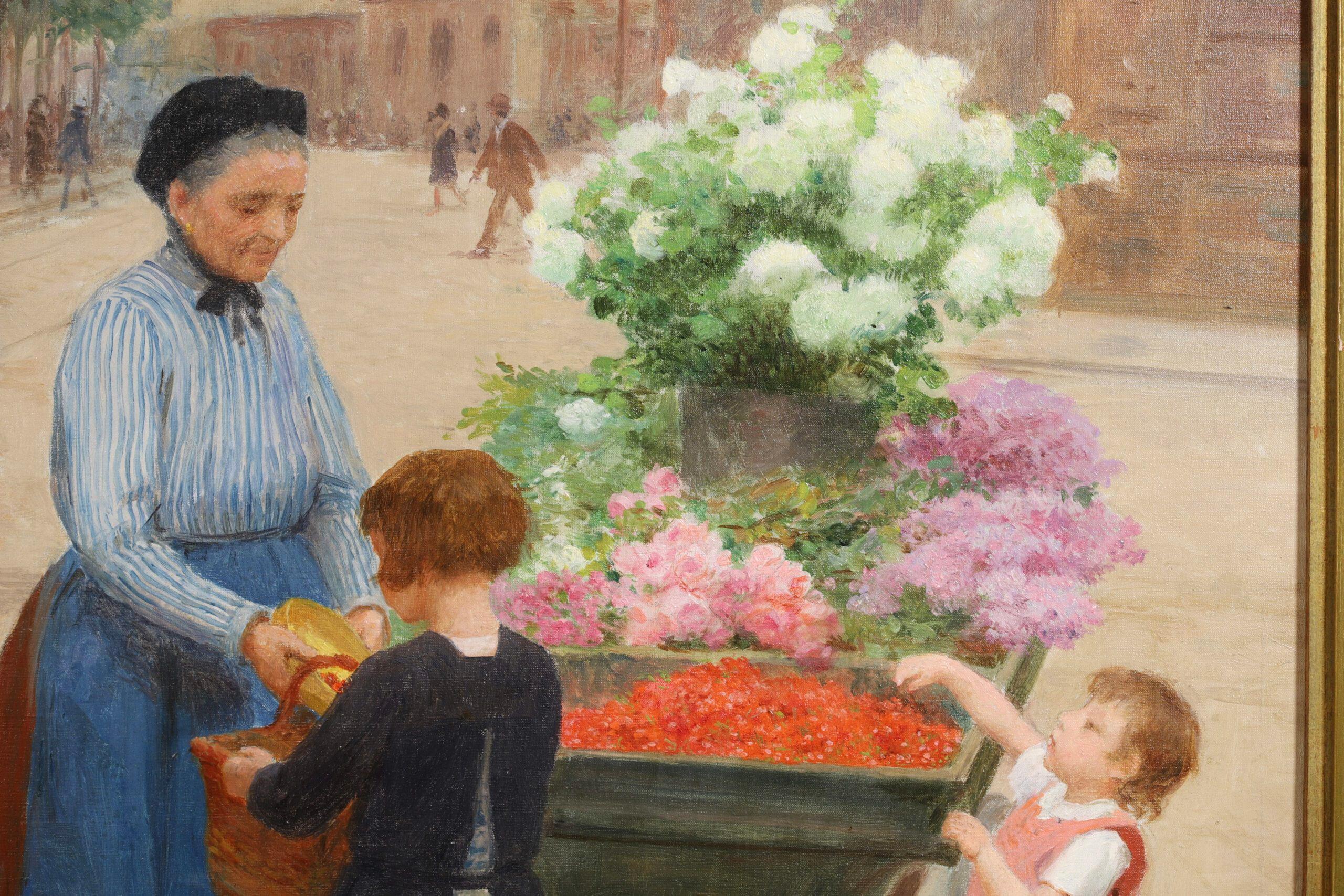 Signed figurative oil on original canvas by French realist painter Victor Gabriel Gilbert. The work shows a flower seller filling a young girl's basket with cherries while a little boy cheekily steals one from her cart. The busy Parisian street can