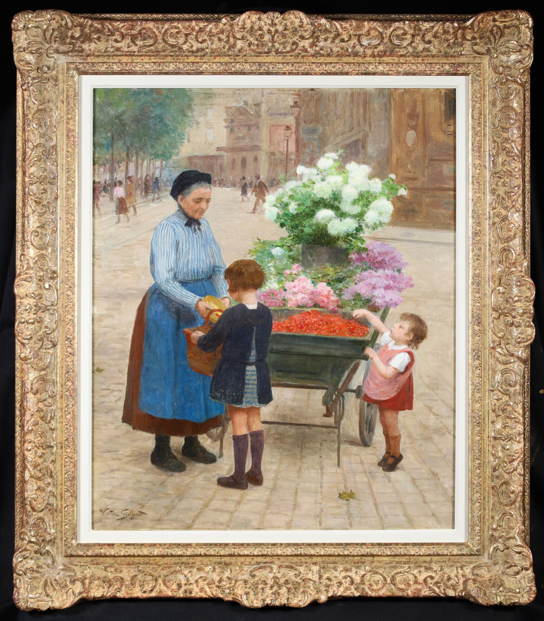 La Marchande de Fleurs - Französischer Realist Figuratives Öl von Victor Gilbert