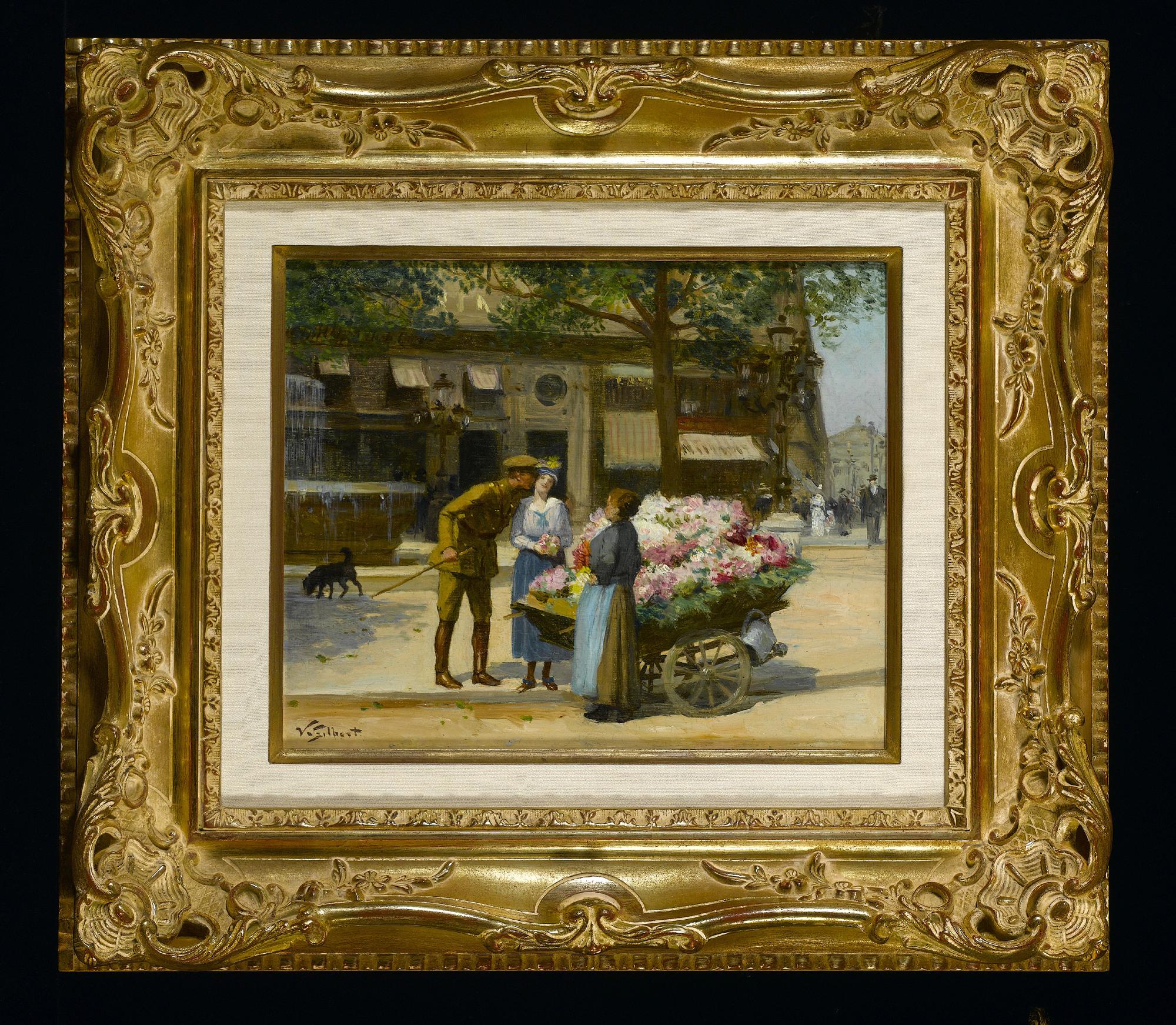 'Marchande de Fleurs' a Parisian street scene with soldier, figures & flowercart - Painting by Victor Gabriel Gilbert