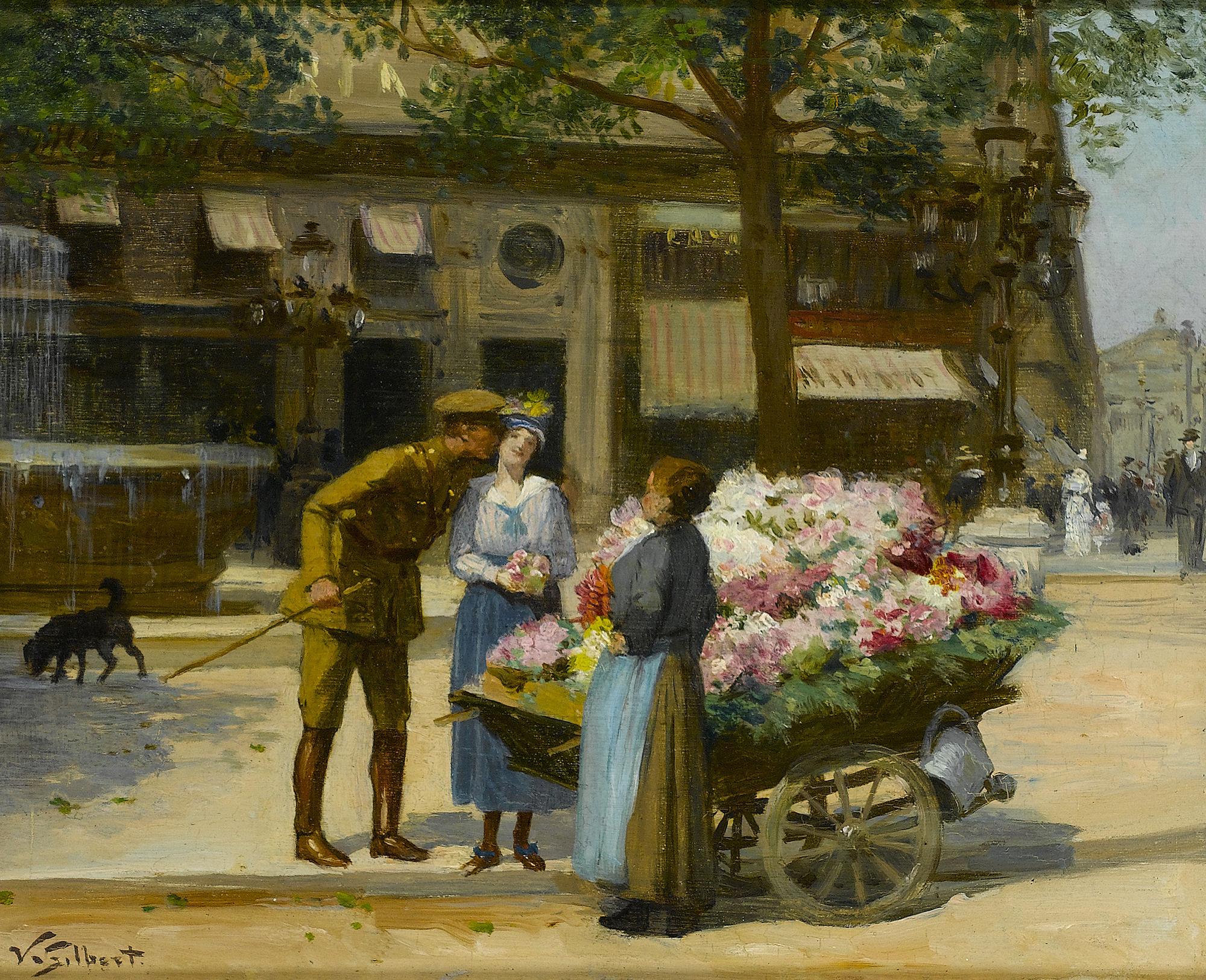Figurative Painting de Victor Gabriel Gilbert - Marchande de Fleurs", escena callejera parisina con soldado, figuras y carro de flores