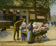 'Marchande de Fleurs' a Parisian street scene with soldier, figures & flowercart