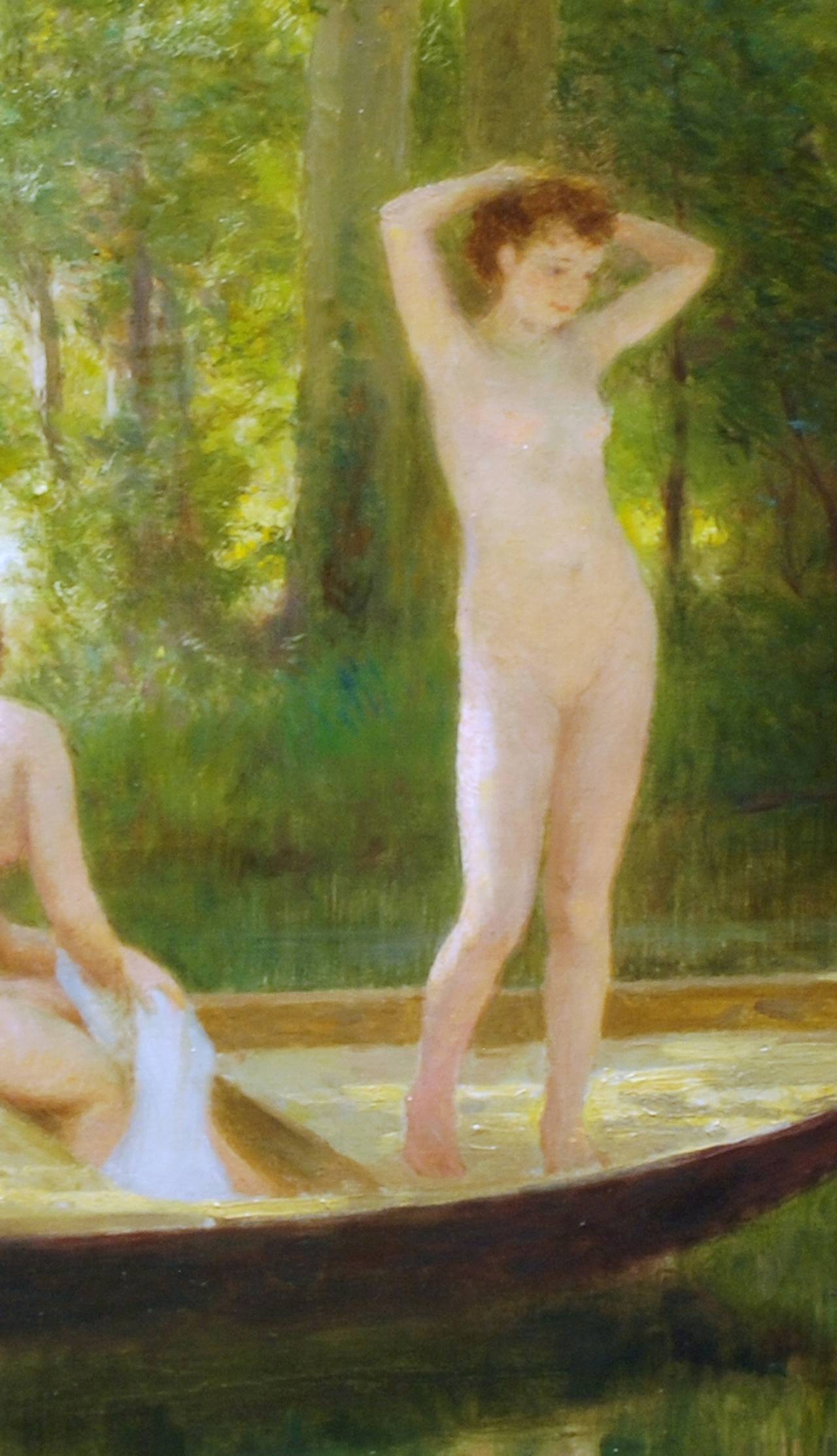 Gemälde einer Flusssszene mit nackten Badenden, umgeben von grünem „Les Baigneuse“ (Impressionismus), Painting, von Victor Gabriel Gilbert