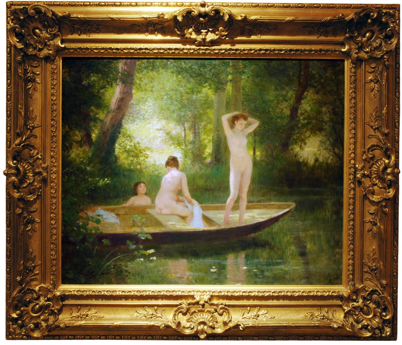 Gemälde einer Flusssszene mit nackten Badenden, umgeben von grünem „Les Baigneuse“ – Painting von Victor Gabriel Gilbert