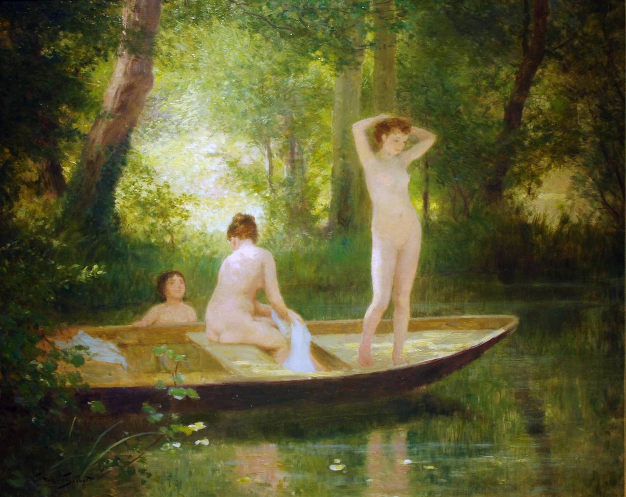 Painting of a river scene with nude bathers surrounded by green 'Les Baigneuse'