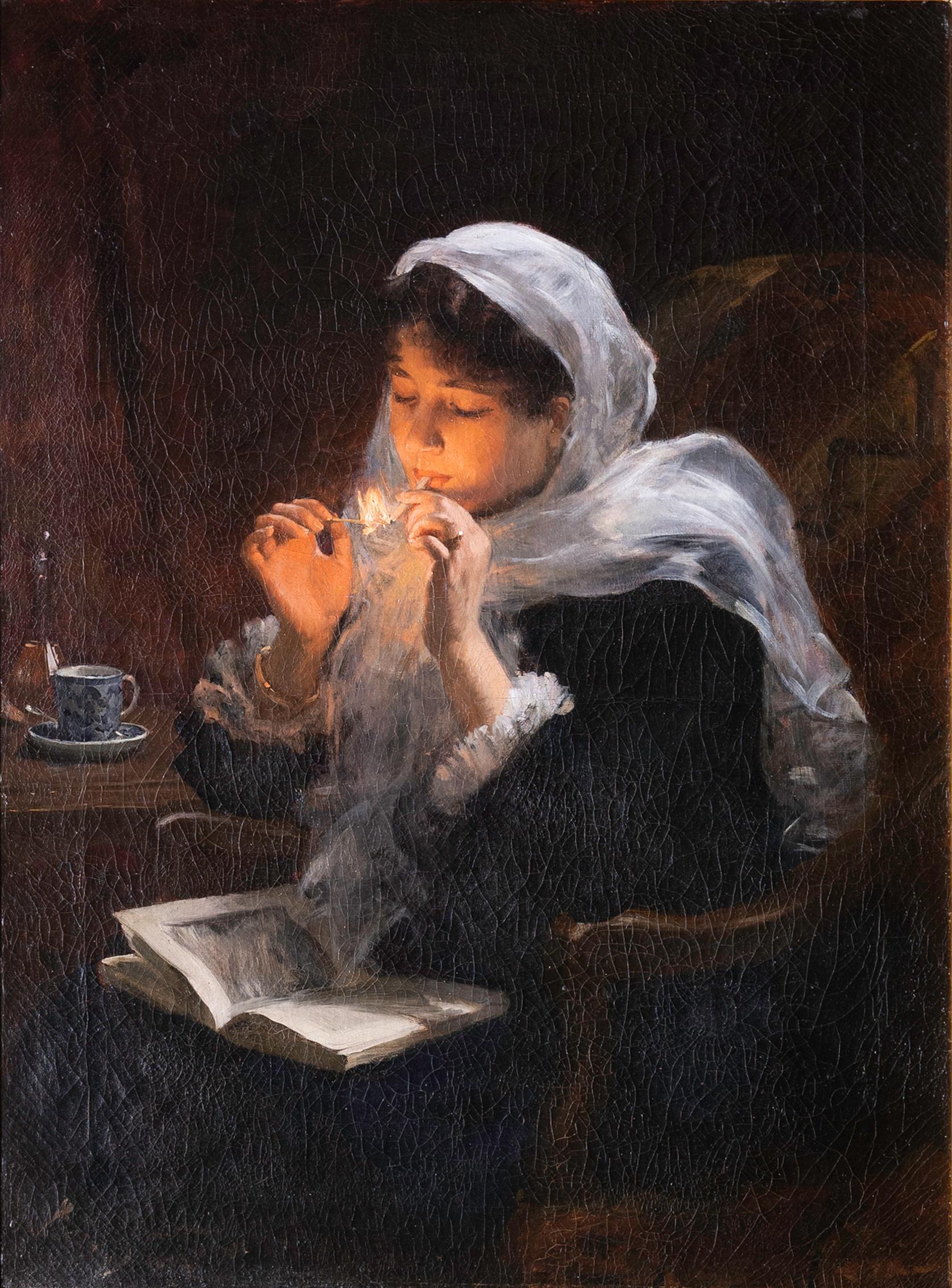 Peinture réaliste du 19ème siècle représentant une femme française allumant une cigarette - Painting de Victor Gabriel Gilbert