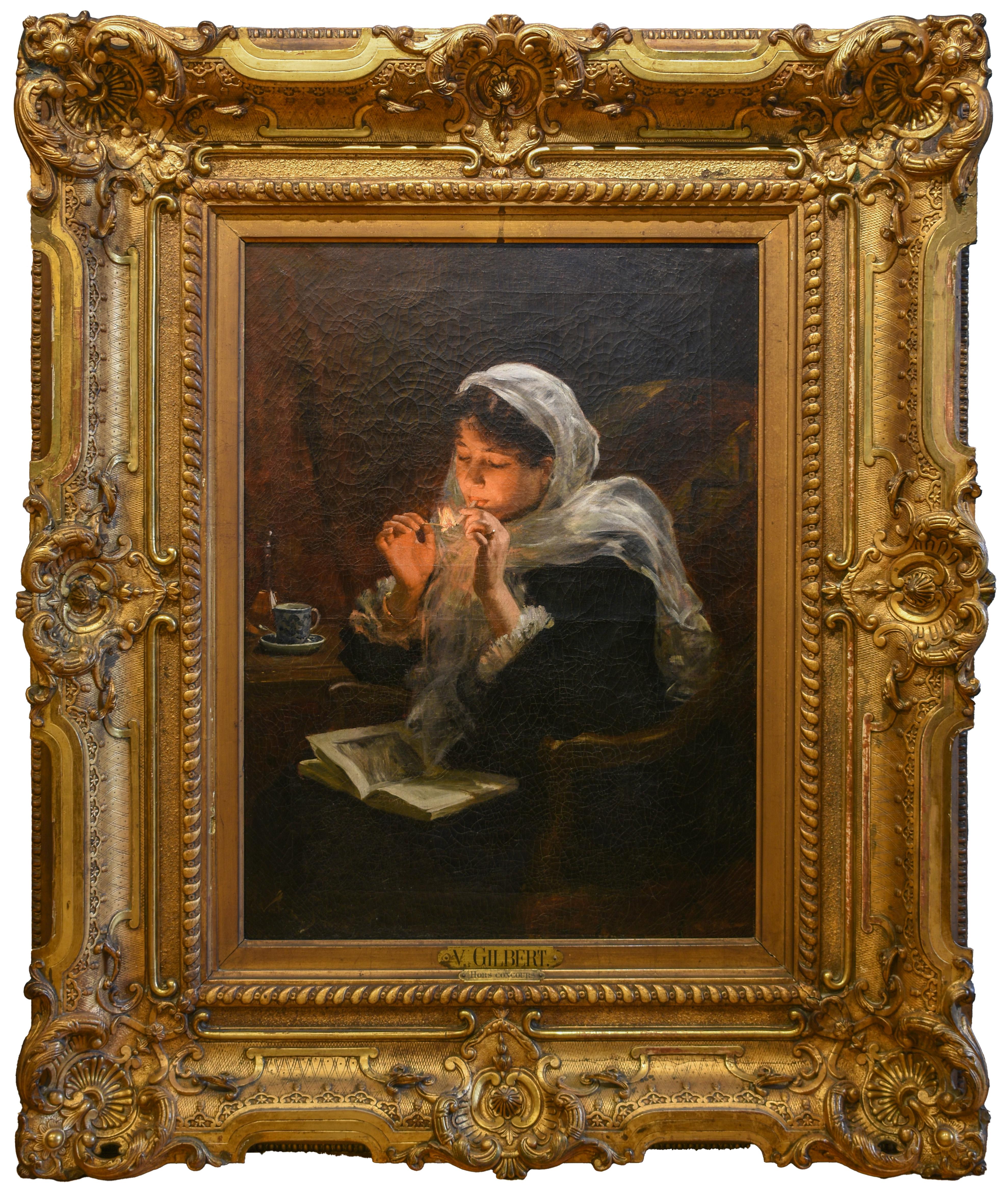 Figurative Painting Victor Gabriel Gilbert - Peinture réaliste du 19ème siècle représentant une femme française allumant une cigarette