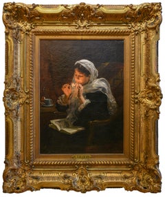 Realist 19 Century painting of a french woman lighting a cigarette