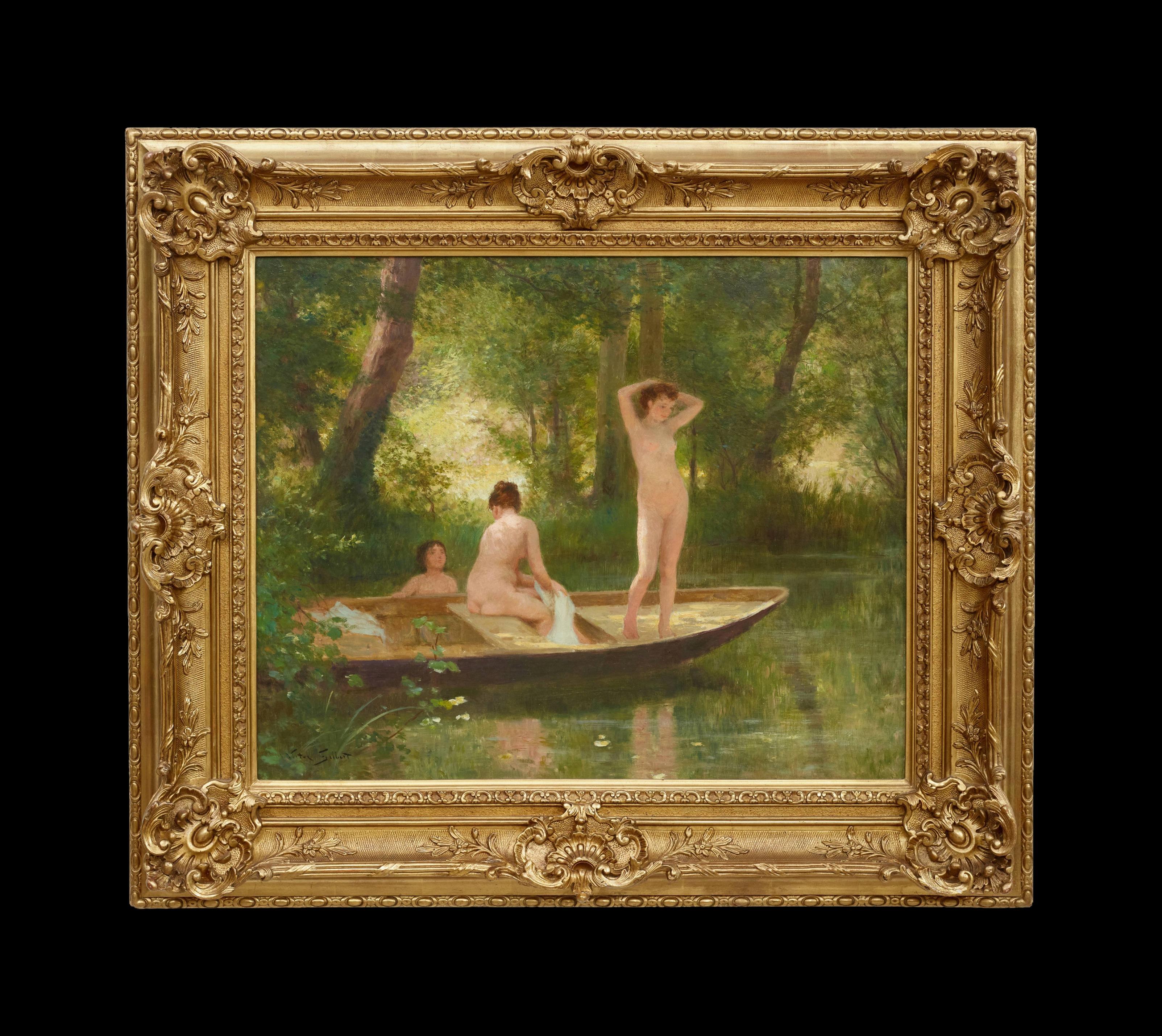 Die Badenden Impressionistisches figuratives Landschaftsgemälde mit nackten Badenden, See – Painting von Victor Gabriel Gilbert