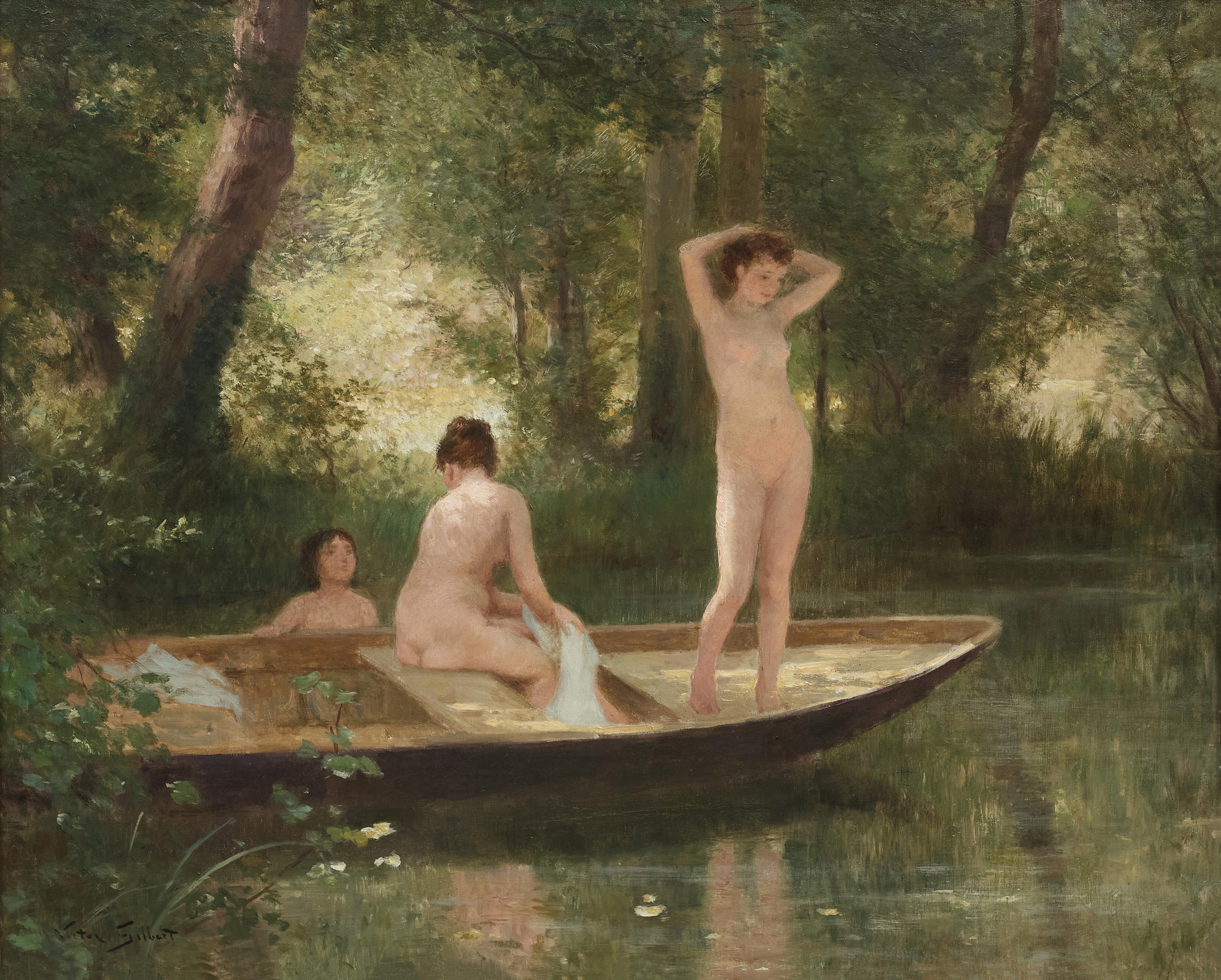 Die Badenden Impressionistisches figuratives Landschaftsgemälde mit nackten Badenden, See (Impressionismus), Painting, von Victor Gabriel Gilbert
