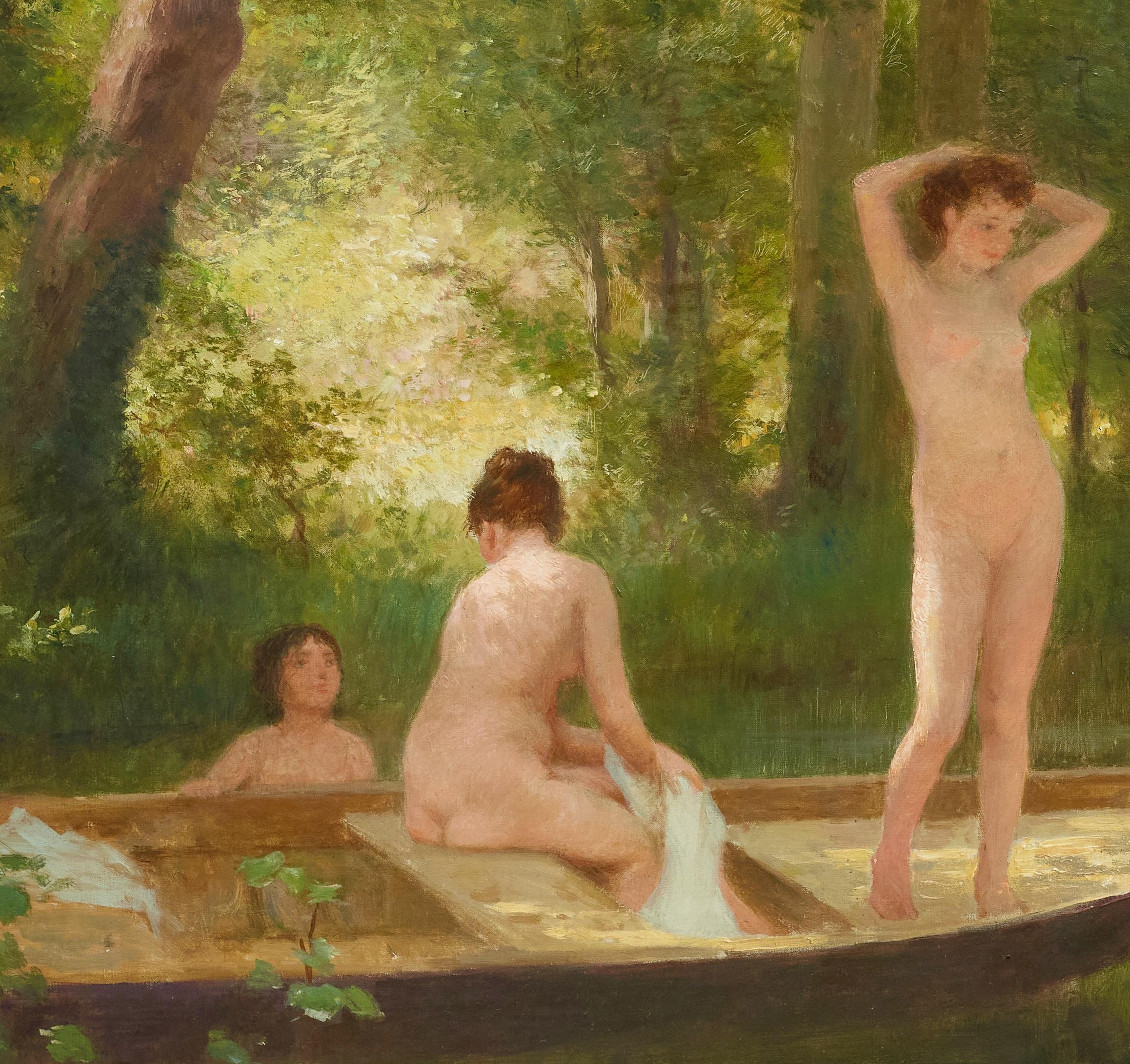 The Bathers, zeigt ein ruhiges Flussufer  mit nackten oder teilweise nackten Badegästen beim Schwimmen und in der Freizeit. Üppiges Grün umgibt ein ruhiges Gewässer und umrahmt die Figuren mit natürlicher Eleganz. Gilberts Pinselführung mischt