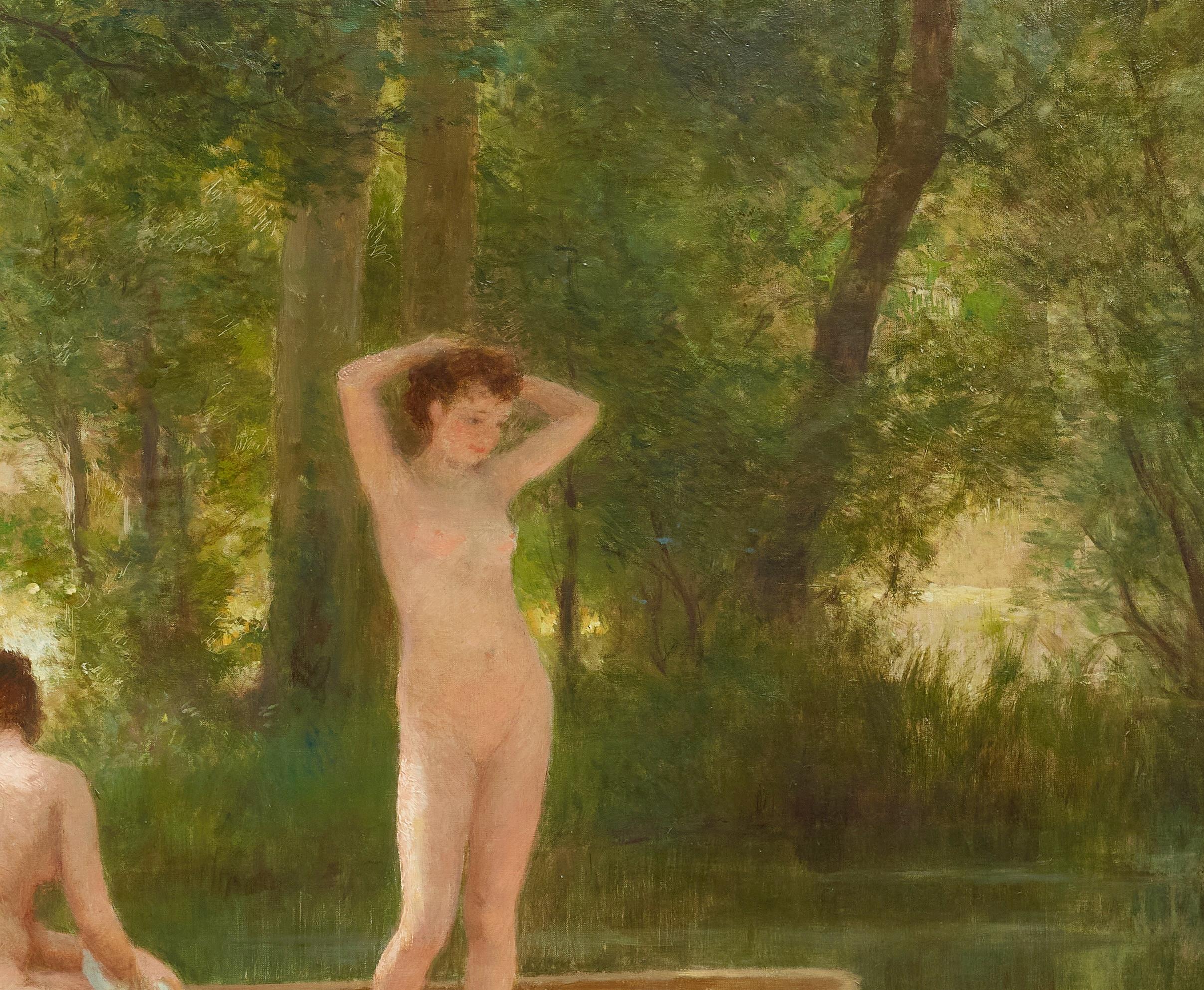 Die Badenden Impressionistisches figuratives Landschaftsgemälde mit nackten Badenden, See im Angebot 1