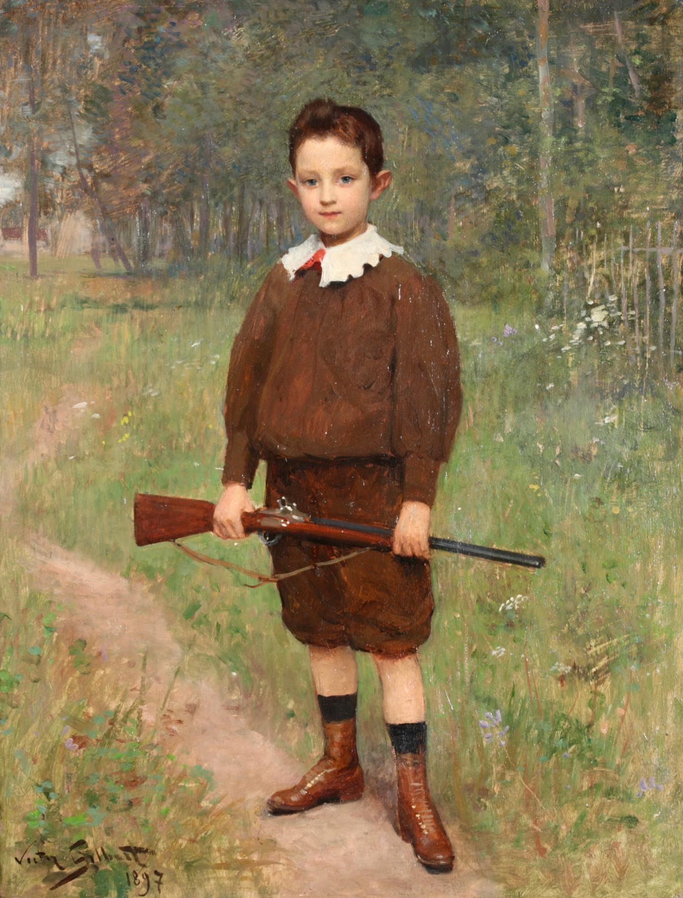 The Young Hunter – Französisches realistisches Porträt, Ölgemälde von Victor Gilbert – Painting von Victor Gabriel Gilbert