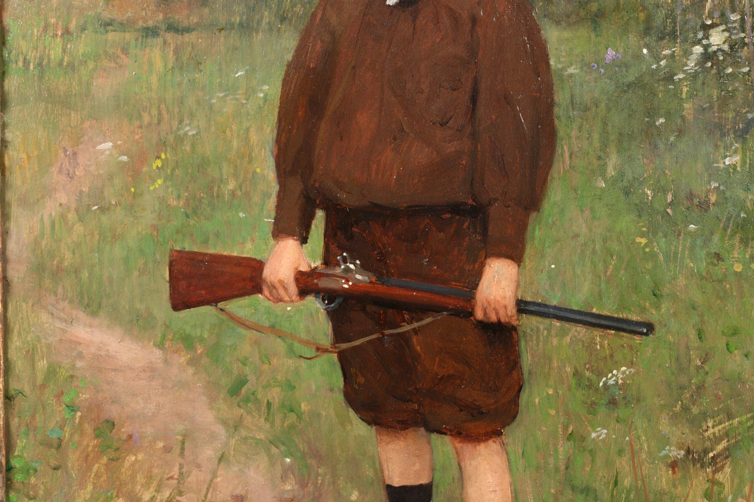 The Young Hunter – Französisches realistisches Porträt, Ölgemälde von Victor Gilbert (Braun), Portrait Painting, von Victor Gabriel Gilbert
