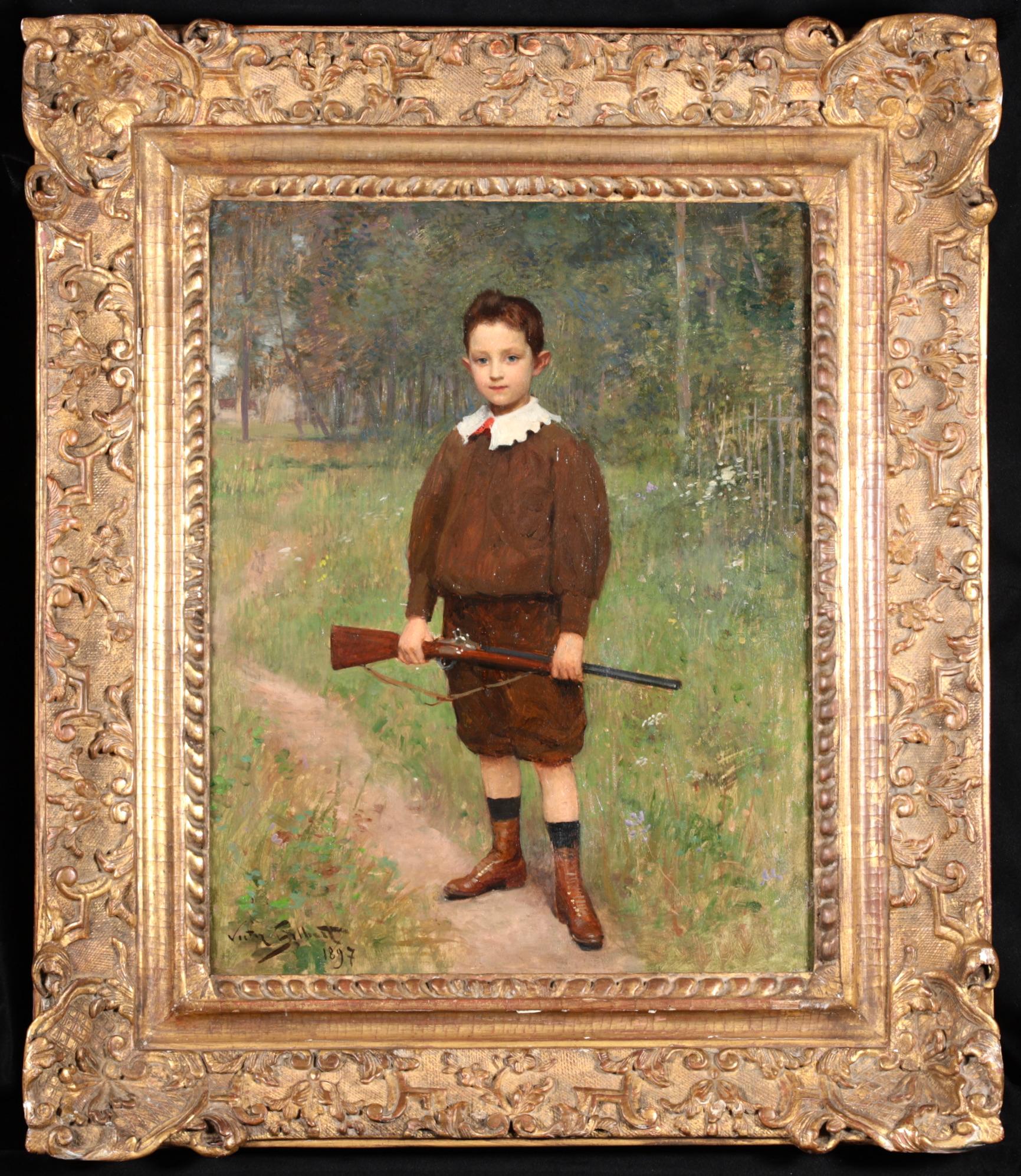 Victor Gabriel Gilbert Portrait Painting – The Young Hunter – Französisches realistisches Porträt, Ölgemälde von Victor Gilbert