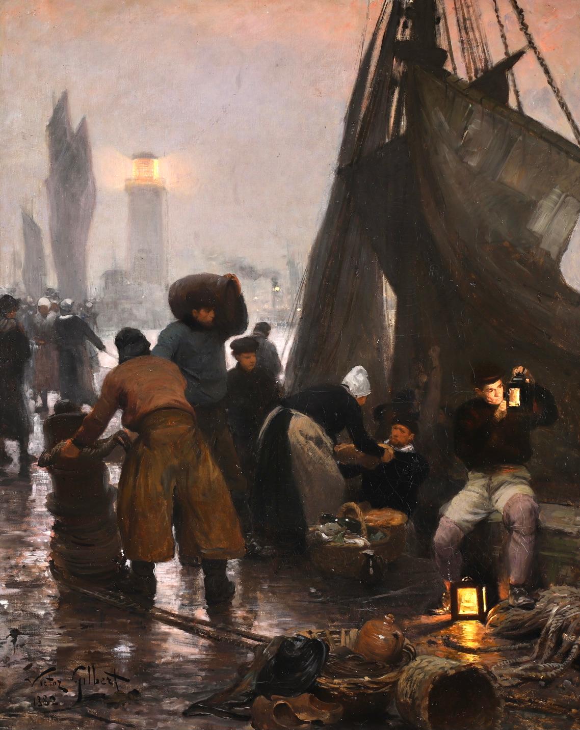 Unloading the Boats - Evening - French Realist Figurative Oil by Victor Gilbert - Painting by Victor Gabriel Gilbert