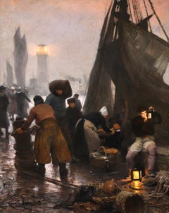 Décharger les bateaux - Soirée - Huile figurative réaliste française de Victor Gilbert