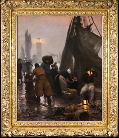 „Unloading the Boats – Abend“ – französisches figuratives Ölgemälde des Realismus von Victor Gilbert