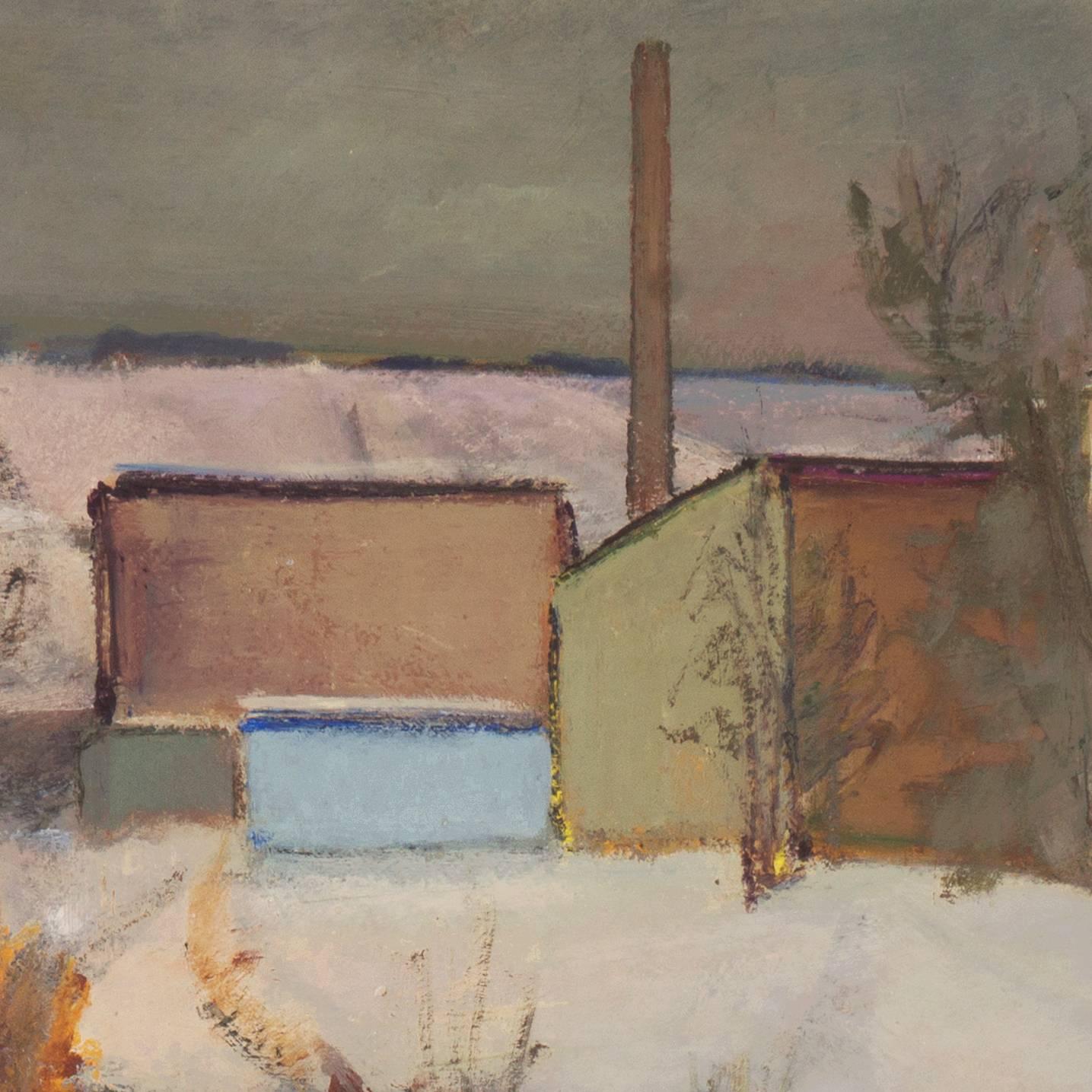 A substantial and atmospheric winter landscape showing a view of fields and farm buildings draped in snow.

Signed with initials lower right, 'V.G.K.' for Victor Georg Kuhnel, (Danish, 1889-1971) and dated 1942; old Charlottenborg exhibition label