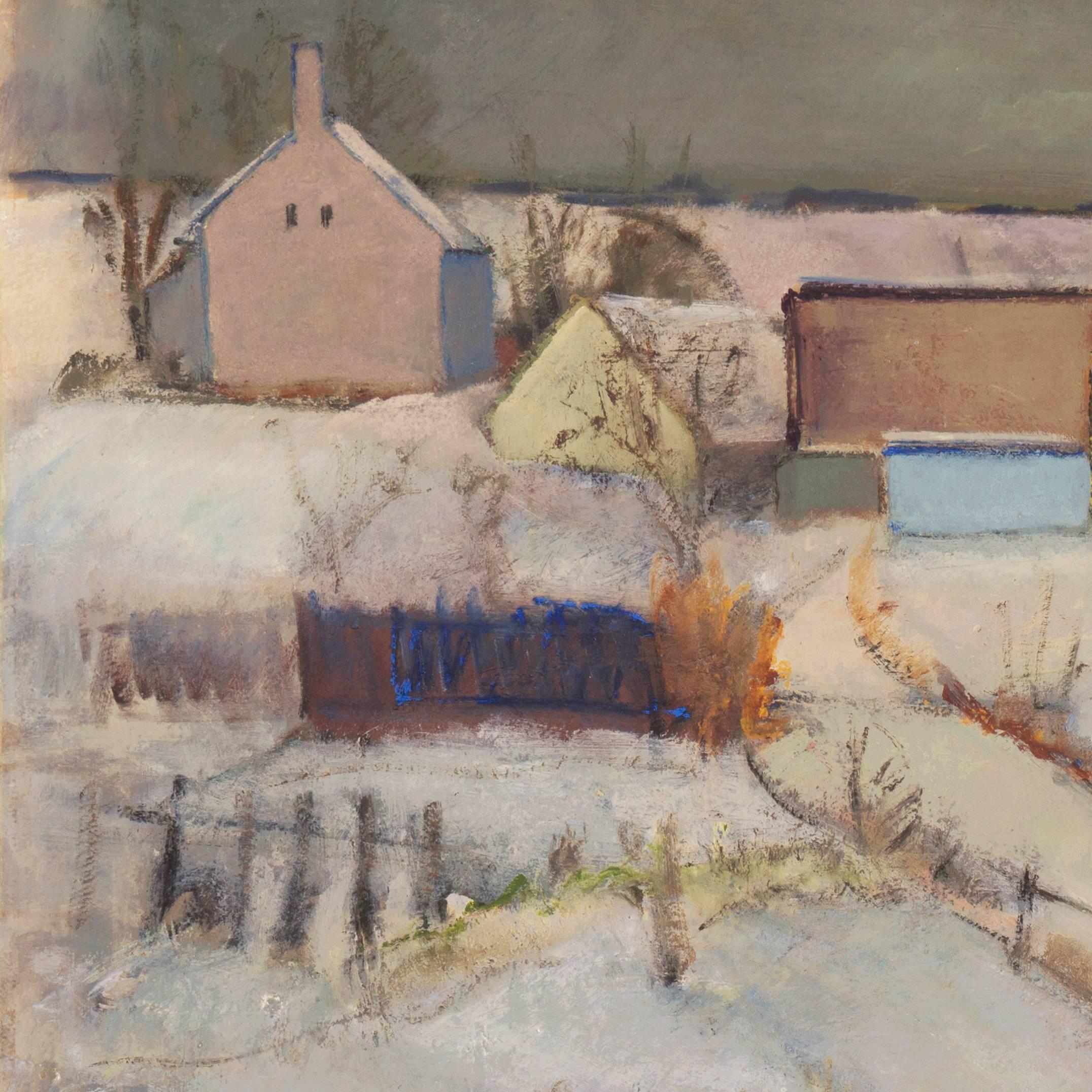 A substantial and atmospheric winter landscape showing a view of fields and farm buildings draped in snow.

Signed with initials lower right, 'V.G.K.' for Victor Georg Kuhnel, (Danish, 1889-1971) and dated 1942; old Charlottenborg exhibition label