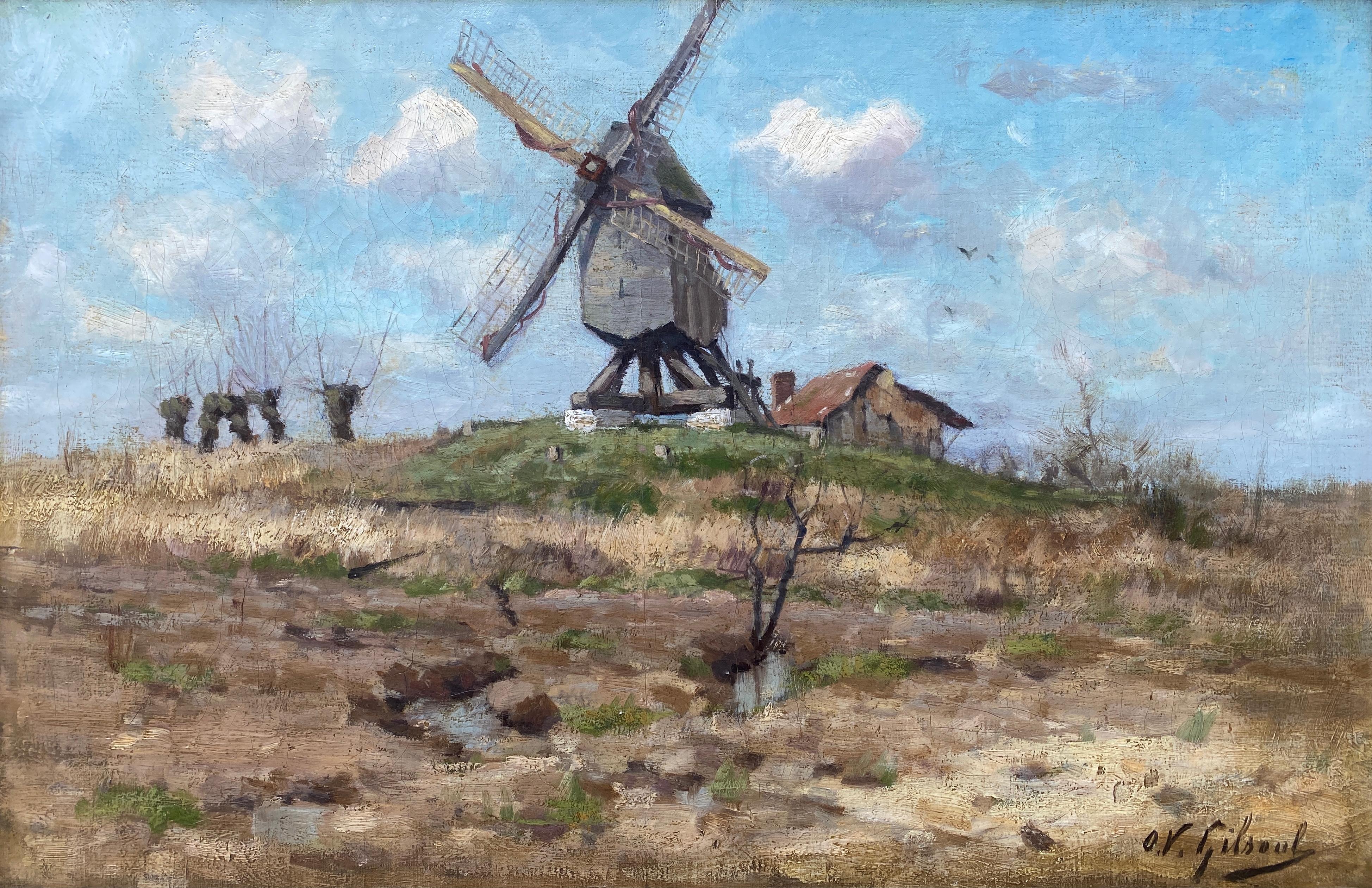 Victor Gilsoul
Brussels 1867 – 1943
Belgian Painter

A Landscape with a Mill
Signature: Signed bottom right
Medium: Oil on canvas
Dimensions: Image size 36 x 58 cm, frame size 42 x 60 cm

Biography: Gilsoul Victor was born on 10 September 10, 1867