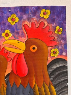 «Dos gallos cantando»: pintura en técnica mixta, figurativa, década de 2000, nueva, 47 x 35 cm