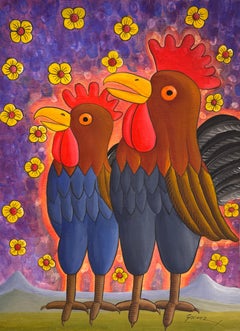 «Dos gallos cantando»: pintura en técnica mixta, figurativa, década de 2000, nueva, 47 x 35 cm