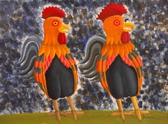 Dos Gallos: Pintura en técnica mixta sobre papel, figurativa, 2022, nueva