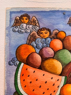 Frutero y Ángeles: Pintura en papel con técnica mixta, figurativa, 2022