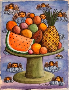Frutero y Ángeles: Pintura en papel con técnica mixta, figurativa, 2022