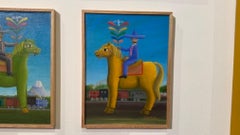 Jinete de la Primavera con Tren y Volcanes: Figurative, Oil on Canvas, 2025
