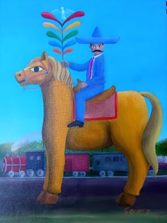 Jinete de la Primavera con Tren y Volcanes: Figurative, Oil on Canvas, 2025