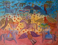Jinetes de la Primavera con Águilas: Oil on Canvas, Framed, 2017