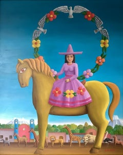 La Maestra Pony y los Animales: Oil on Canvas, Framed, 110x90 cm, New