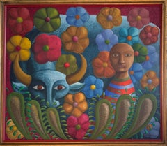 La Vaca y La Misteriosa: Figurative Oil on Canvas Painting, Framed, 110x130 cm