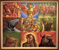 Nahuales: Oil Painting on Canvas, Vibrant Animal Scene, 2000s, Framed