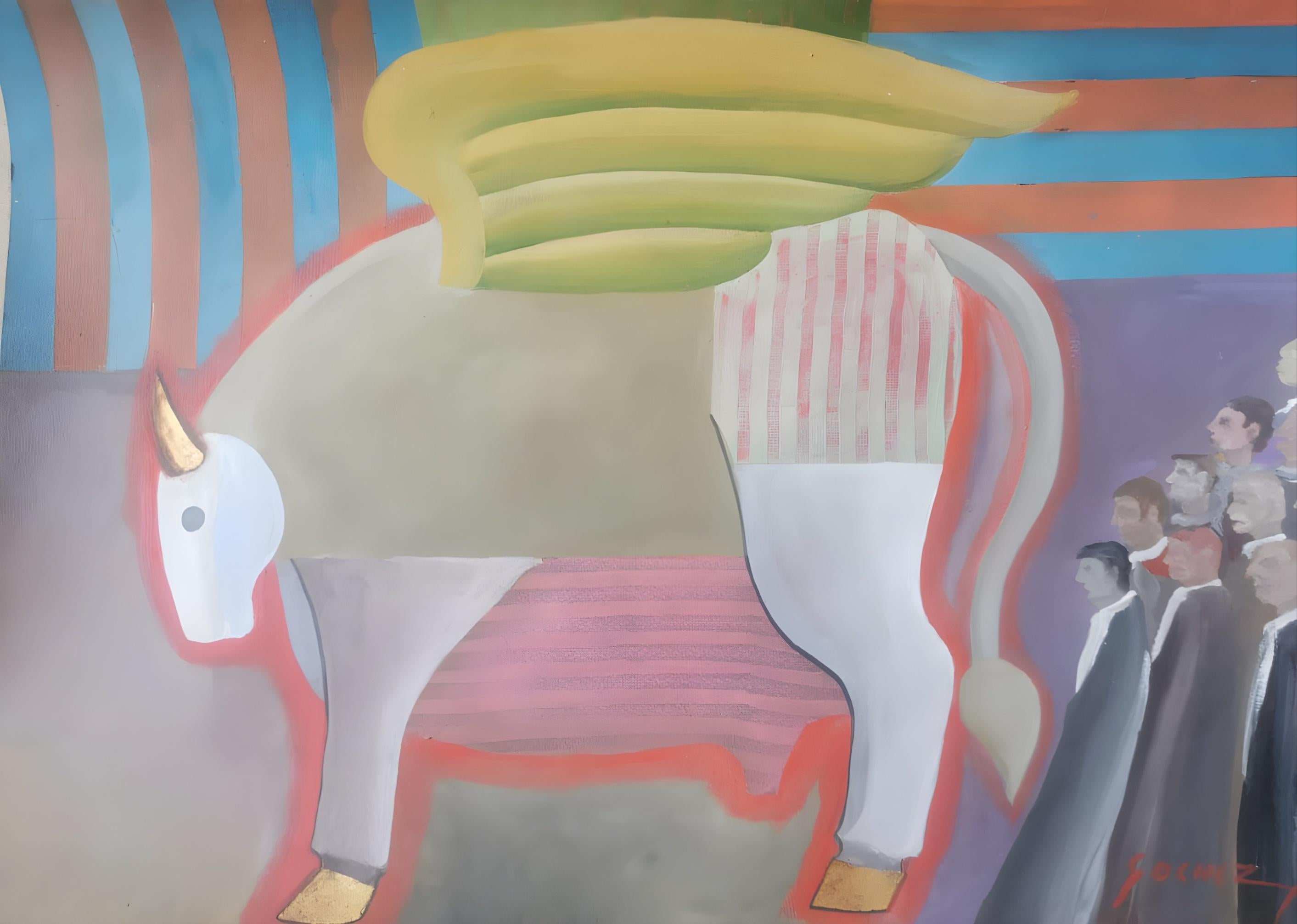 Toro y Público: Mixed Media Figurative Painting on Paper, 49x59 cm, Framed