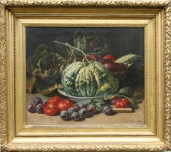 Still Life of Vegetables - French 19thC realist art oil painting tomatoes plums