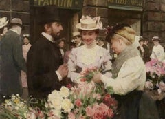 Marche aux Fleurs Elegant Parisians at the Flower Market, Large Oil Painting