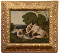 Arcadian Landscape, Nude Bathers, River, Trees, Oil on panel