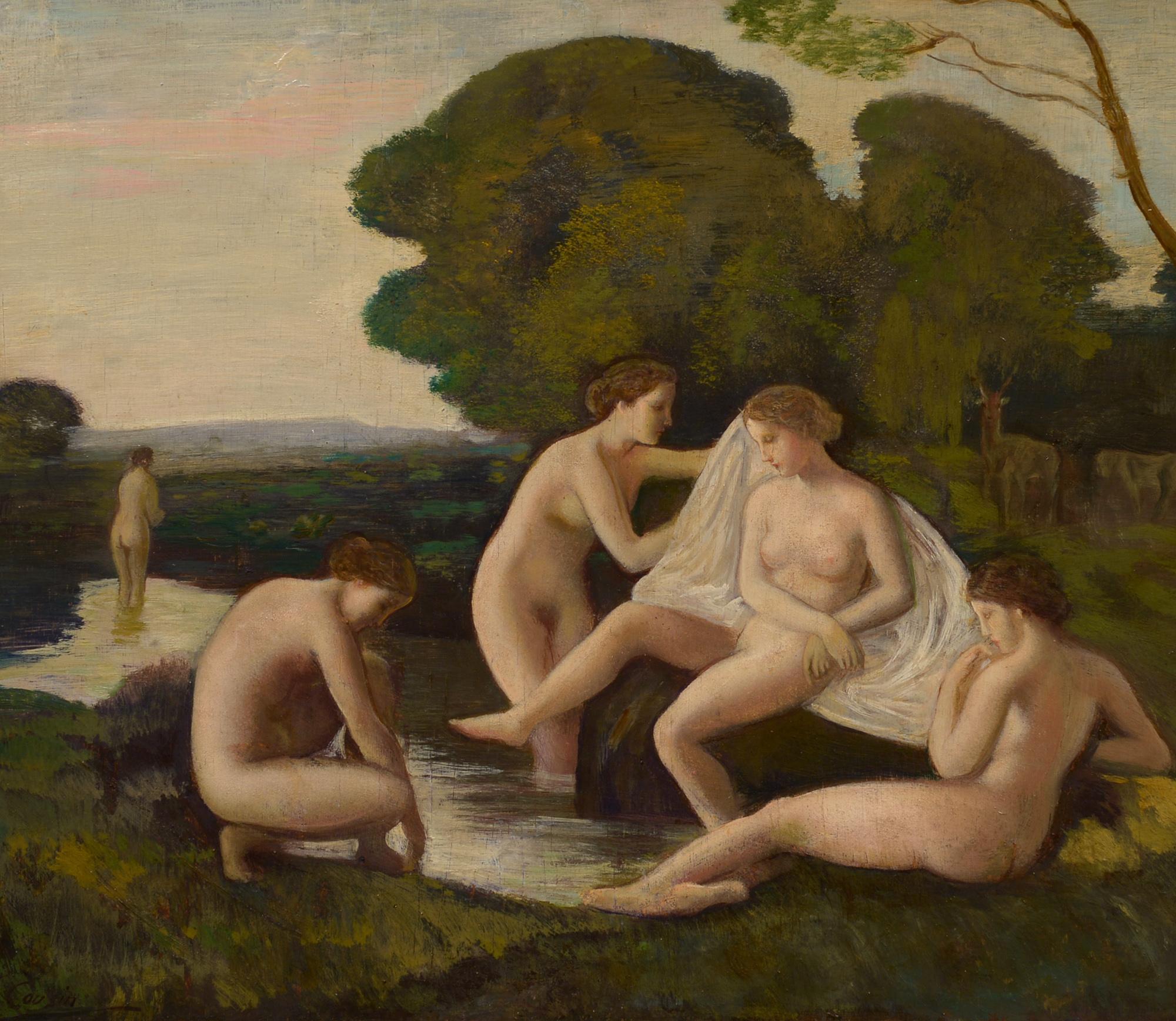 Arcadian Landscape, Nude Bathers, River, Trees, Oil on panel