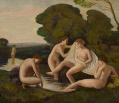 Paesaggio arcadico, bagnanti nude, fiume, alberi, olio su tavola