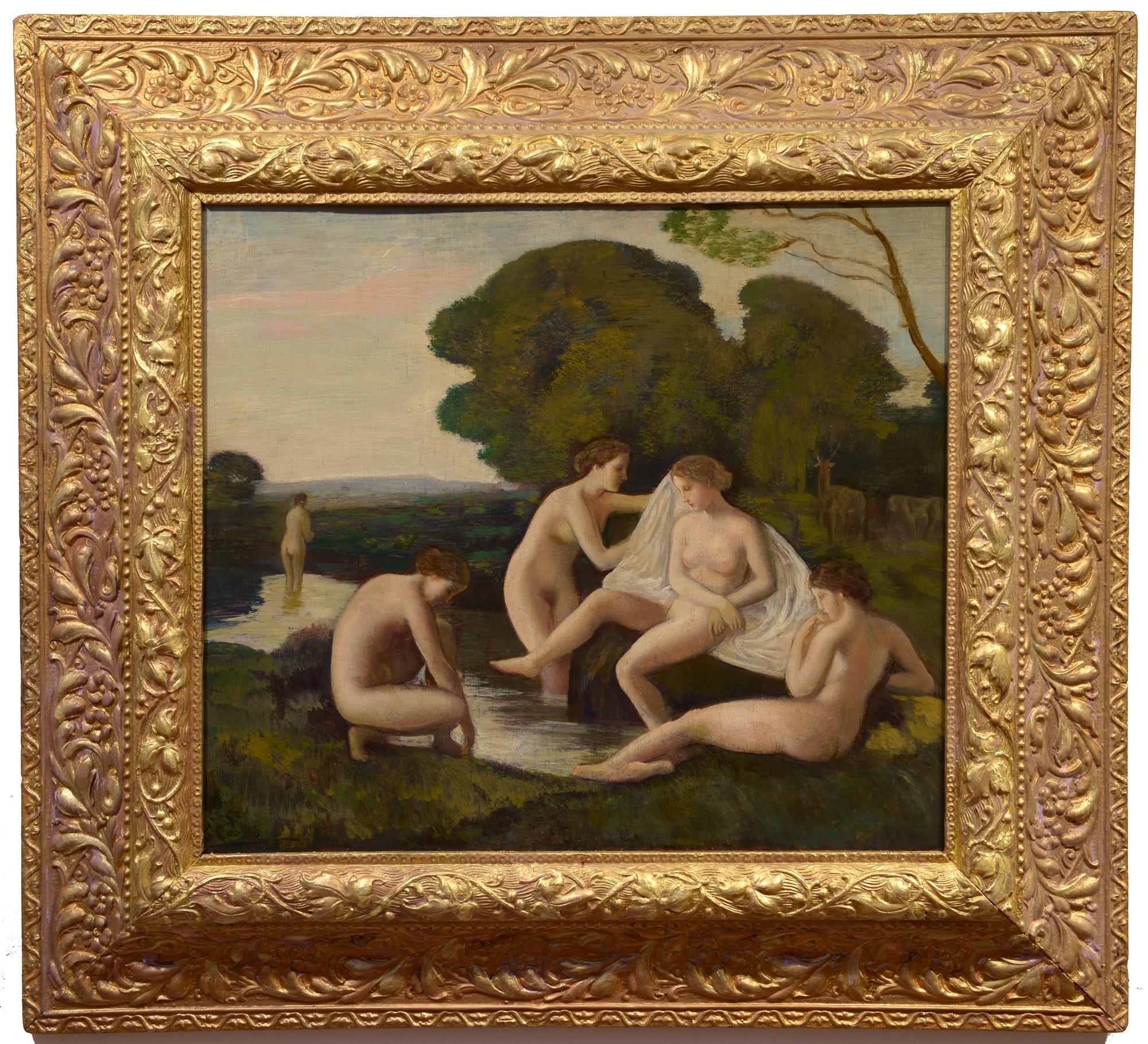 Arcadian Landscape, Nude, Figurative, Impressionist - Painting by Victor Gustave Cousin