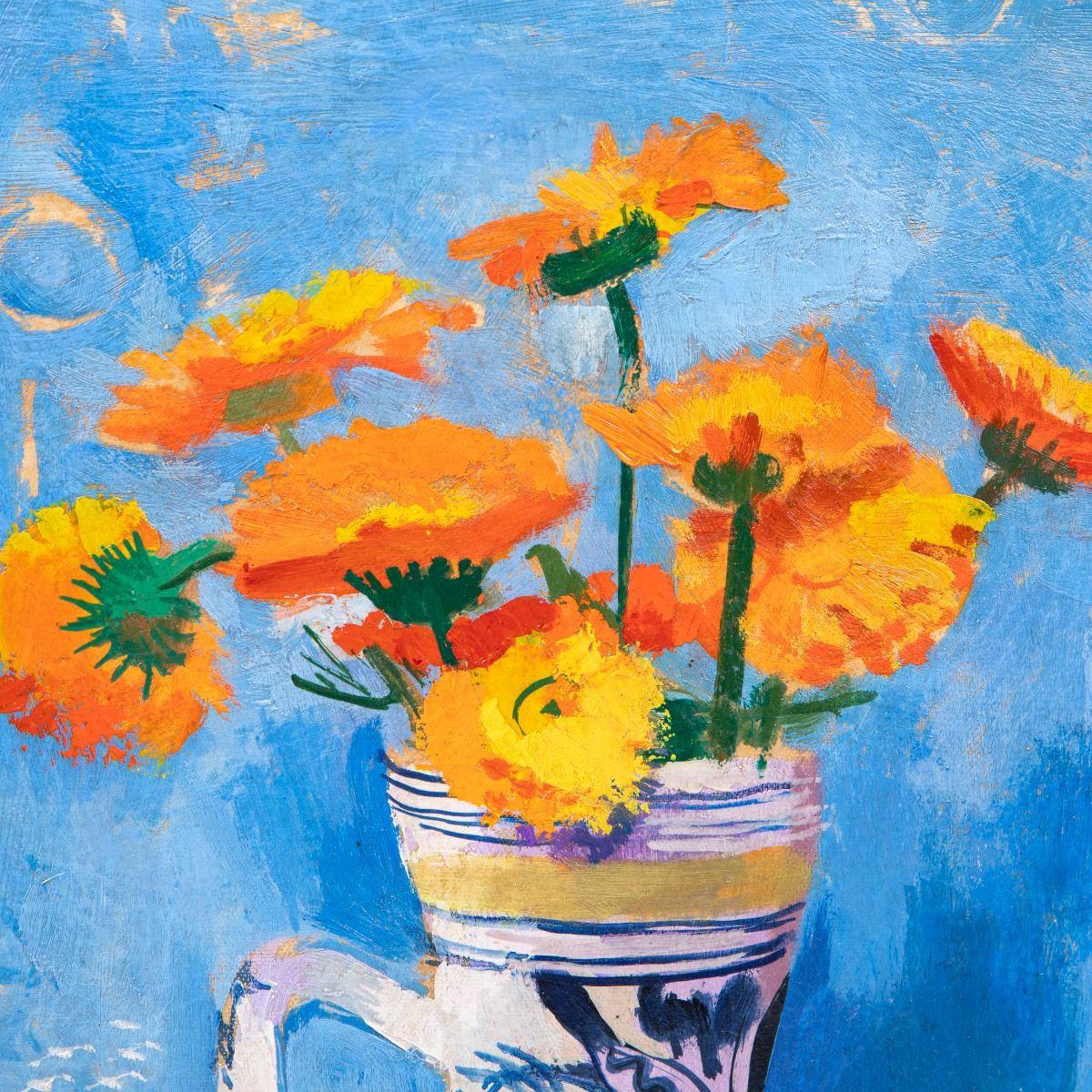 Victor Isbrand, Dänisches modernistisches Stillleben mit Blumen, Öl auf Leinwand, 1945 (Gemalt) im Angebot